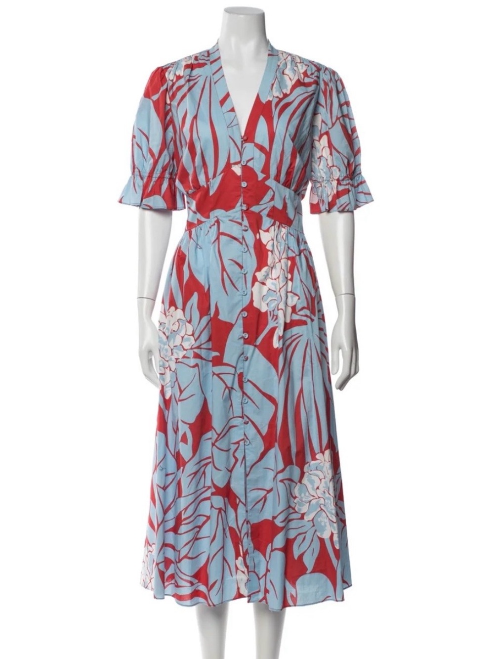 Diane Von Furstenberg Erica Red and Light Blue Floral Midi Dress
